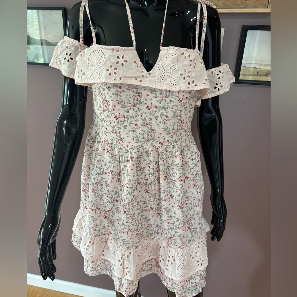 NWT Woven Pink Floral Off-Shoulder Dress with Eyelet Details
